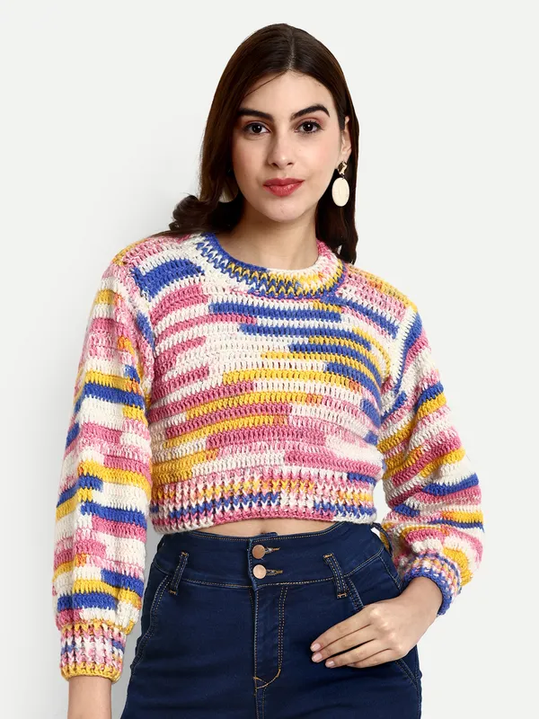 Printed_Pullover_Sweater_For_Women_|_Self_Design_Round_Neck_Long_Sleeves_Ribbed_Hem