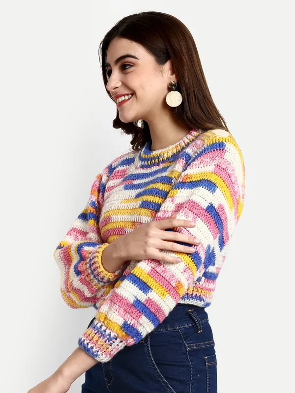 Printed_Pullover_Sweater_For_Women_|_Self_Design_Round_Neck_Long_Sleeves_Ribbed_Hem