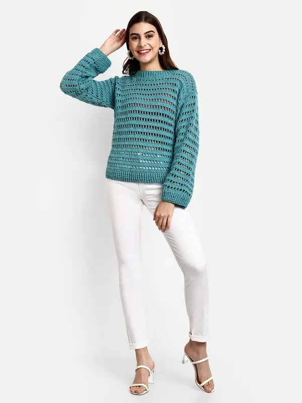 Teal_Open_Knit_Self_Design_Round_Neck_Long_Sleeves_Ribbed_Hem_Pullover_For_Women