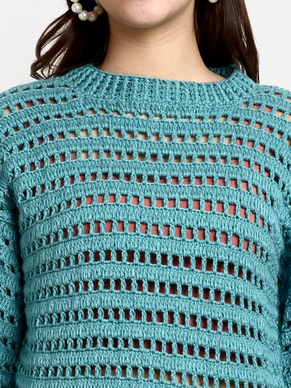 Teal_Open_Knit_Self_Design_Round_Neck_Long_Sleeves_Ribbed_Hem_Pullover_For_Women