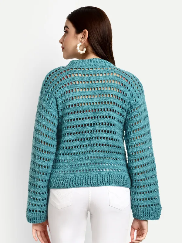 Teal_Open_Knit_Self_Design_Round_Neck_Long_Sleeves_Ribbed_Hem_Pullover_For_Women