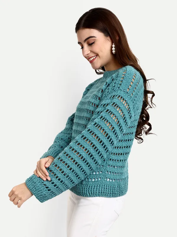 Teal_Open_Knit_Self_Design_Round_Neck_Long_Sleeves_Ribbed_Hem_Pullover_For_Women