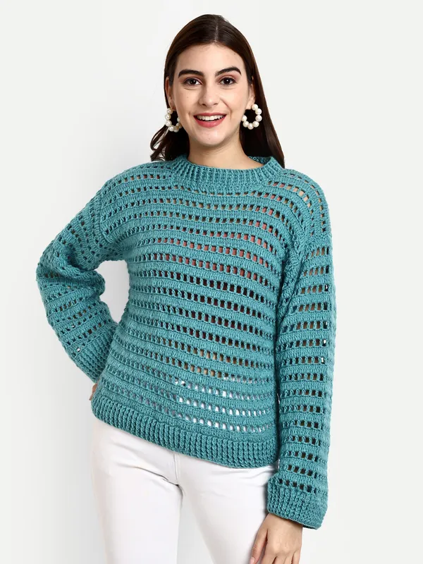 Teal_Open_Knit_Self_Design_Round_Neck_Long_Sleeves_Ribbed_Hem_Pullover_For_Women