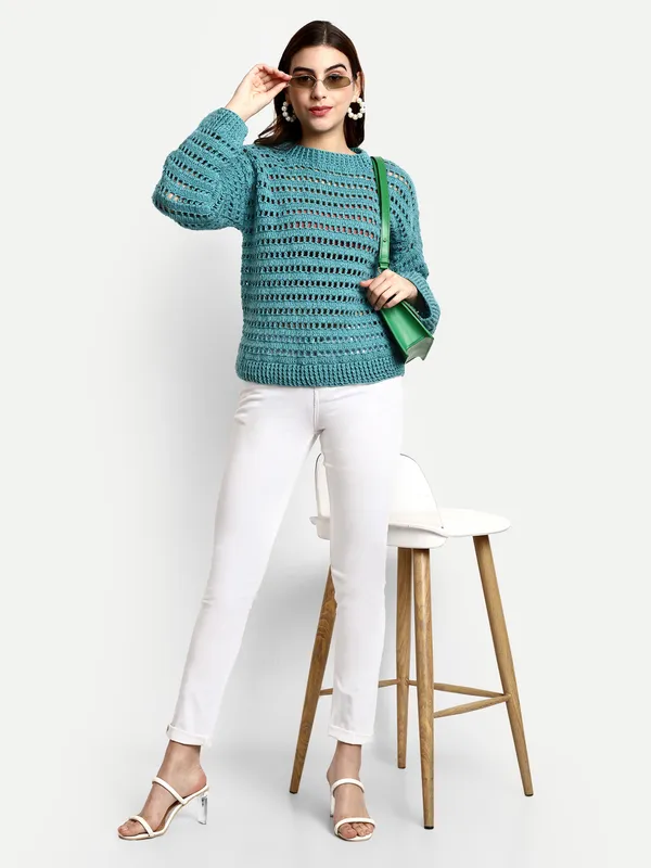 Teal_Open_Knit_Self_Design_Round_Neck_Long_Sleeves_Ribbed_Hem_Pullover_For_Women