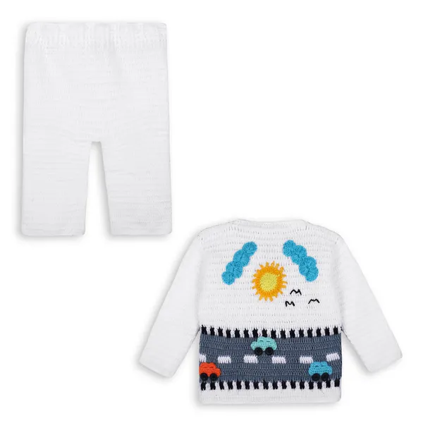 White_Unisex_Full_Sleeves_Sweater_With_Pajama_Set_Crochet_For_Kids
