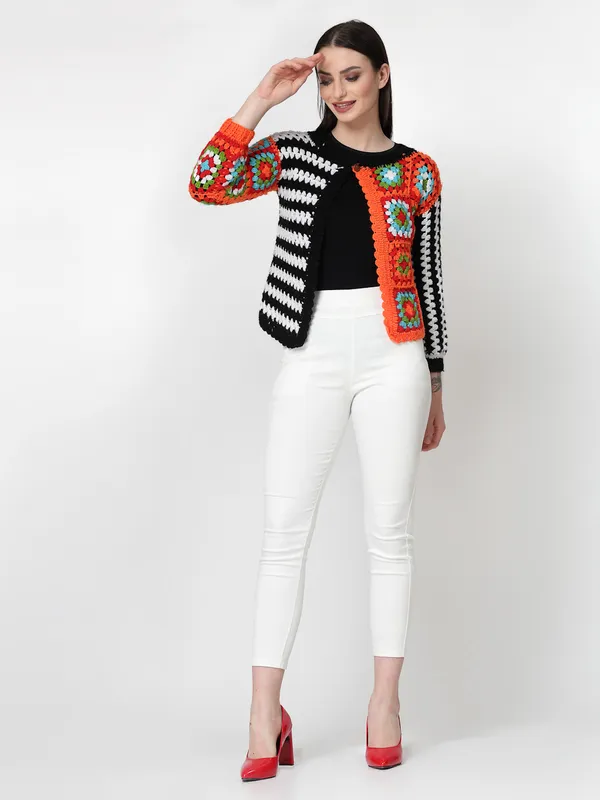 Orange_Self_Design_Round_Neck_Three-Quarter_Sleeves_Button_Ribbed_Hem_Cardigan_For_Women