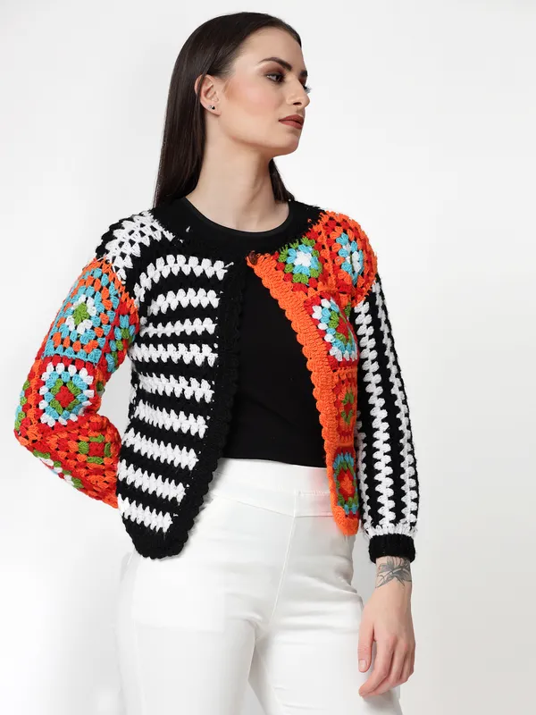 Orange_Self_Design_Round_Neck_Three-Quarter_Sleeves_Button_Ribbed_Hem_Cardigan_For_Women