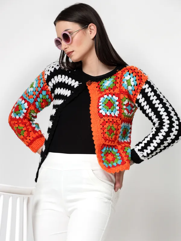 Orange_Self_Design_Round_Neck_Three-Quarter_Sleeves_Button_Ribbed_Hem_Cardigan_For_Women