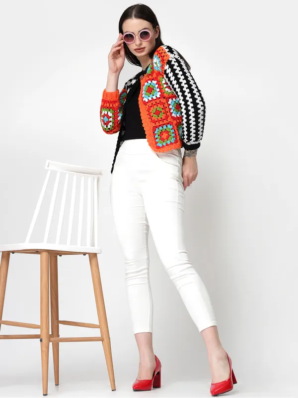 Orange_Self_Design_Round_Neck_Three-Quarter_Sleeves_Button_Ribbed_Hem_Cardigan_For_Women