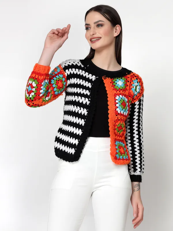Orange_Self_Design_Round_Neck_Three-Quarter_Sleeves_Button_Ribbed_Hem_Cardigan_For_Women
