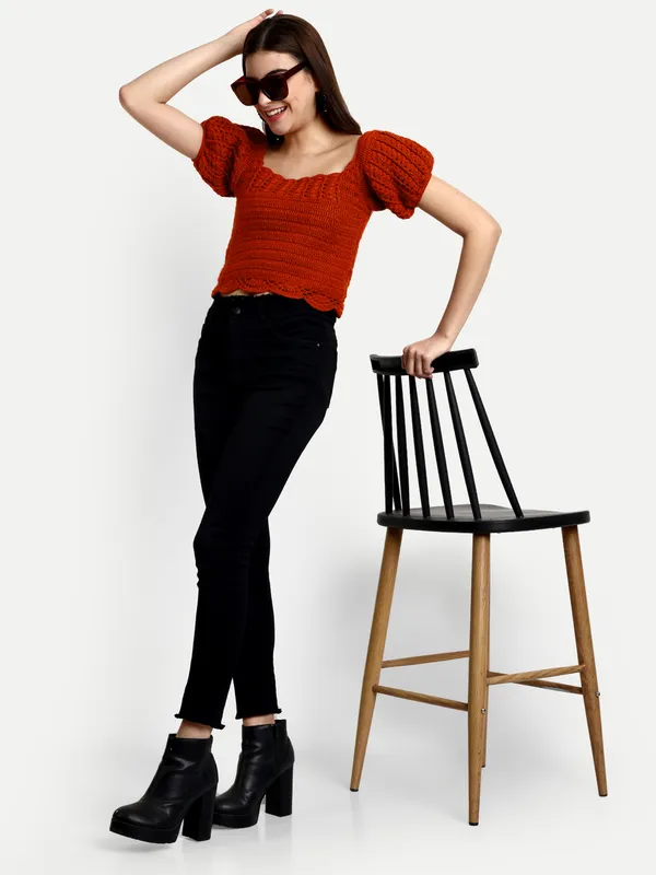 Rust_Crop_Top_For_Women_|_Self_Design_Round_Neck_Long_Sleeves_Ribbed_Hem