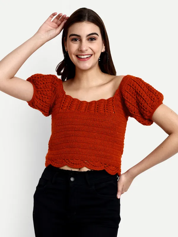 Rust_Crop_Top_For_Women_|_Self_Design_Round_Neck_Long_Sleeves_Ribbed_Hem