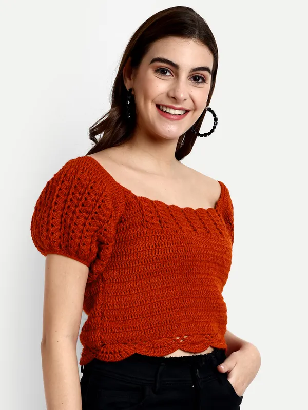 Rust_Crop_Top_For_Women_|_Self_Design_Round_Neck_Long_Sleeves_Ribbed_Hem