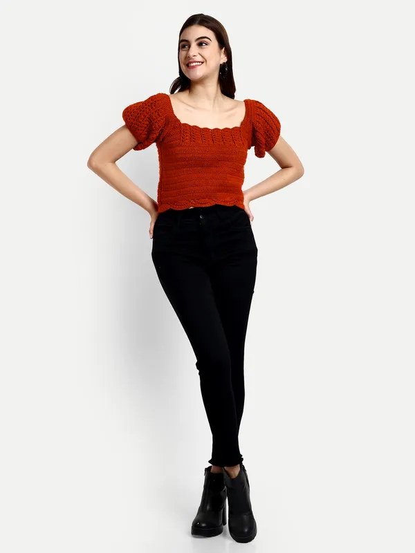 Rust_Crop_Top_For_Women_|_Self_Design_Round_Neck_Long_Sleeves_Ribbed_Hem
