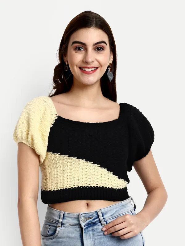 Beige_Pullover_For_Women_|_Self_Design_Cowl_Neck_Short_Sleeves_Ribbed_Hem
