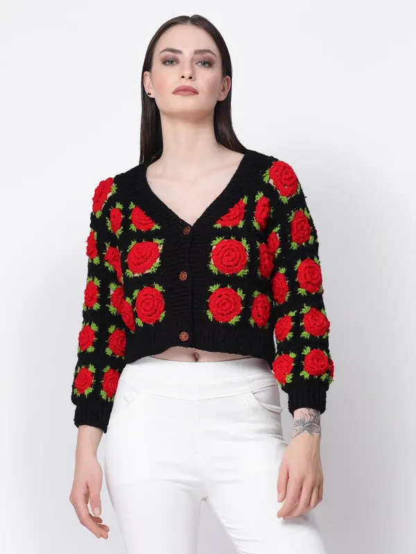 Black_Red_Rose_Cardigan_|_Self_Design_V-Neck_Long_Sleeves_Ribbed_Hem_For_Women