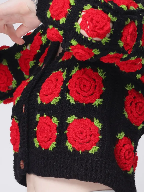 Black_Red_Rose_Cardigan_|_Self_Design_V-Neck_Long_Sleeves_Ribbed_Hem_For_Women
