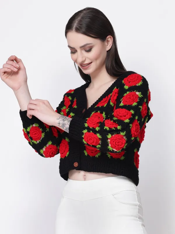 Black_Red_Rose_Cardigan_|_Self_Design_V-Neck_Long_Sleeves_Ribbed_Hem_For_Women