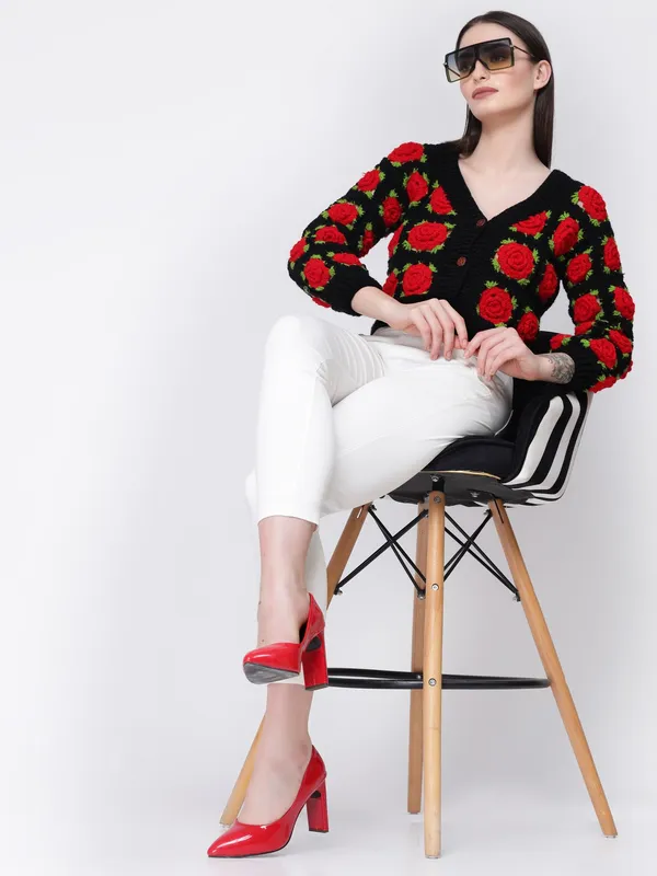 Black_Red_Rose_Cardigan_|_Self_Design_V-Neck_Long_Sleeves_Ribbed_Hem_For_Women