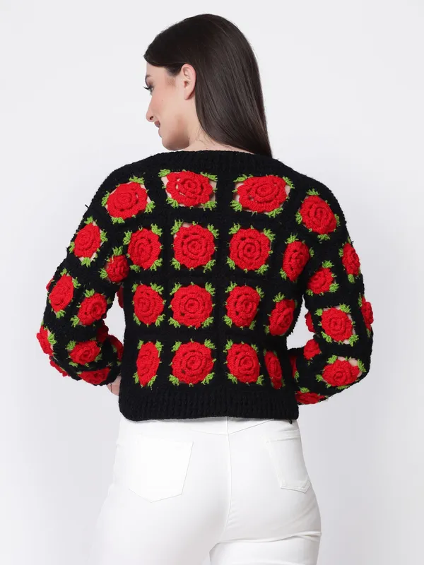 Black_Red_Rose_Cardigan_|_Self_Design_V-Neck_Long_Sleeves_Ribbed_Hem_For_Women