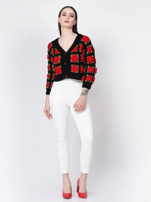 Black_Red_Rose_Cardigan_|_Self_Design_V-Neck_Long_Sleeves_Ribbed_Hem_For_Women