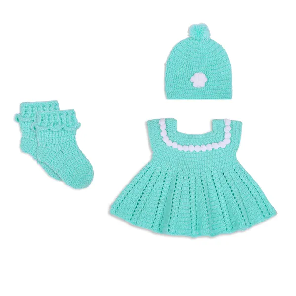 Green_Sleeveless_Frock_Sweater_With_Cap_And_Booties_Crochet_For_Girls