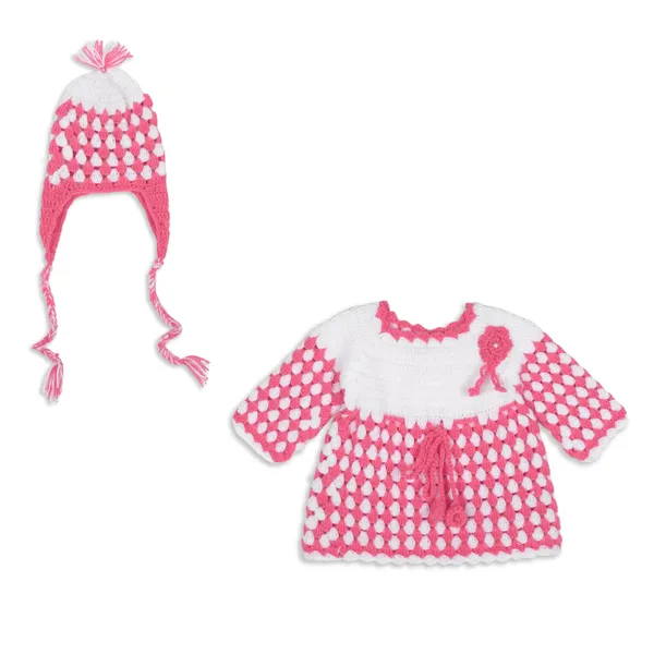 Pink_Full_Sleeves_Frock_Sweater_With_Cap_Crochet_For_Girls