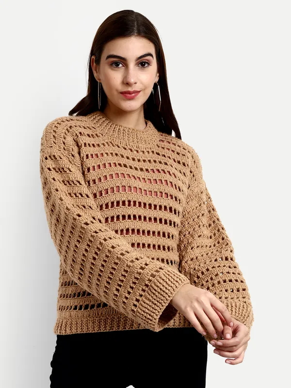 Brown_Pullover_For_Women_|_Self_Design_Mock_Collar_Long_Sleeves_Ribbed_Hem
