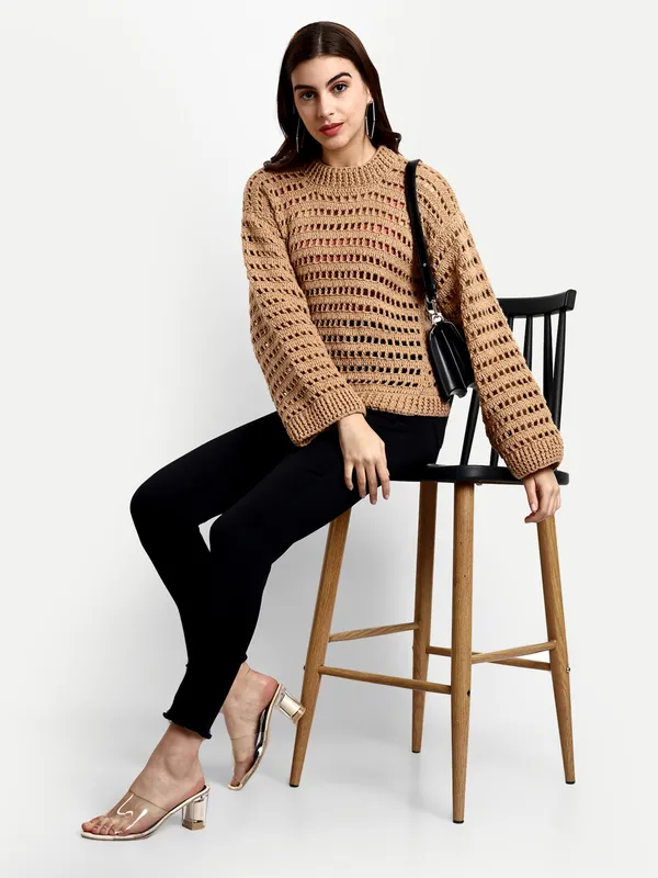 Brown_Pullover_For_Women_|_Self_Design_Mock_Collar_Long_Sleeves_Ribbed_Hem