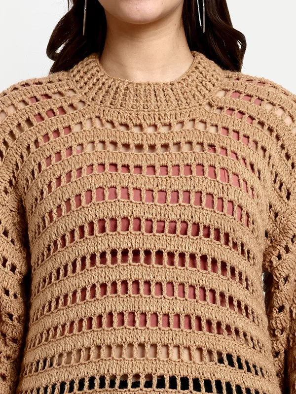 Brown_Pullover_For_Women_|_Self_Design_Mock_Collar_Long_Sleeves_Ribbed_Hem