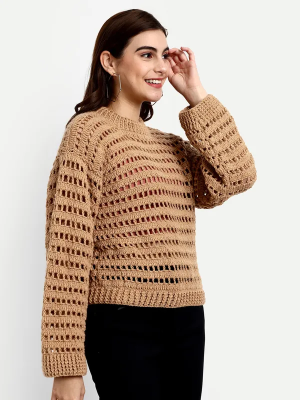 Brown_Pullover_For_Women_|_Self_Design_Mock_Collar_Long_Sleeves_Ribbed_Hem