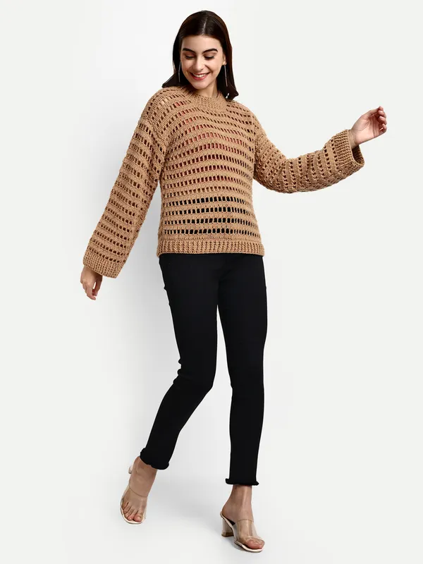 Brown_Pullover_For_Women_|_Self_Design_Mock_Collar_Long_Sleeves_Ribbed_Hem
