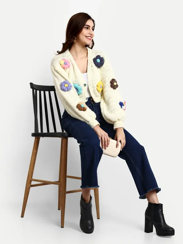 Multicolor_Cardigan_For_Women_|_Self_Design_V-Neck_Long_Sleeves_Ribbed_Hem
