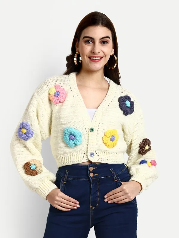 Multicolor_Cardigan_For_Women_|_Self_Design_V-Neck_Long_Sleeves_Ribbed_Hem