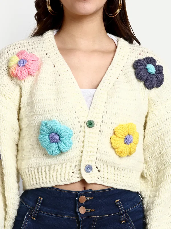 Multicolor_Cardigan_For_Women_|_Self_Design_V-Neck_Long_Sleeves_Ribbed_Hem