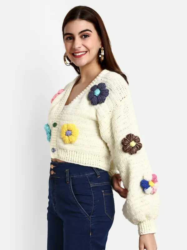 Multicolor_Cardigan_For_Women_|_Self_Design_V-Neck_Long_Sleeves_Ribbed_Hem