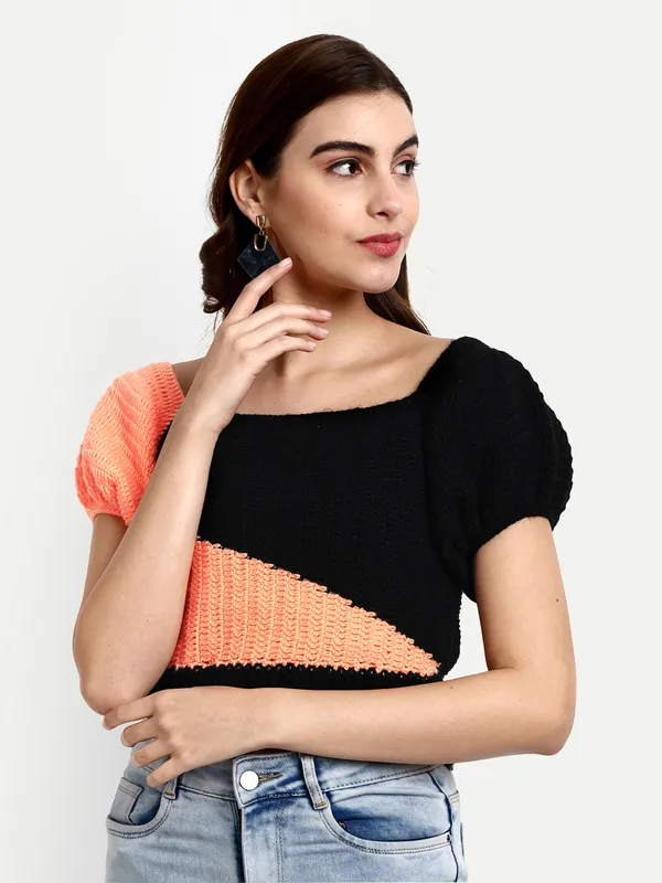 Peach_Pullover_Sweater_For_Women_|_Self_Design_L_Neck_Short_Sleeves_Ribbed_Hem