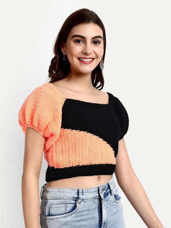 Peach_Pullover_Sweater_For_Women_|_Self_Design_L_Neck_Short_Sleeves_Ribbed_Hem