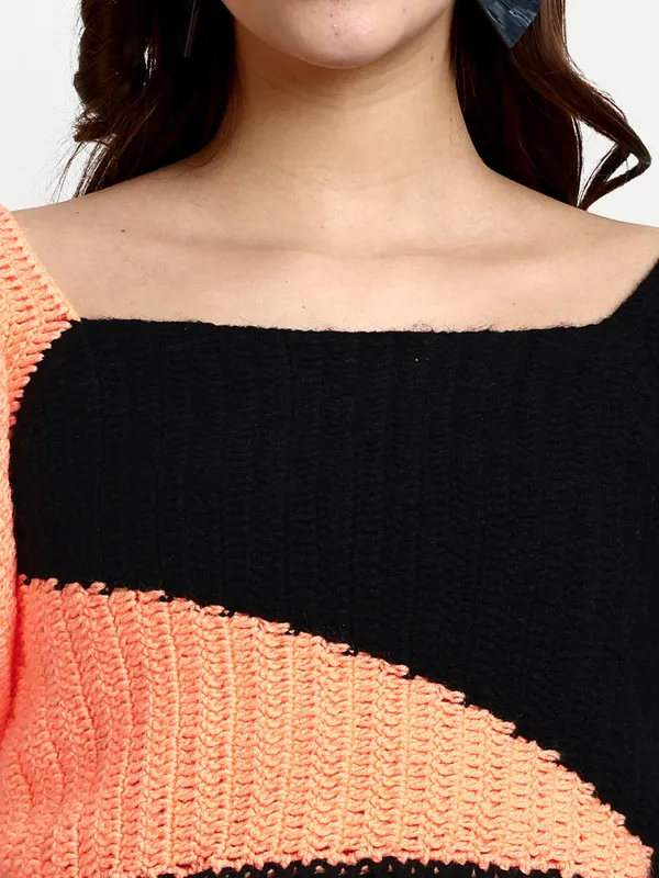 Peach_Pullover_Sweater_For_Women_|_Self_Design_L_Neck_Short_Sleeves_Ribbed_Hem