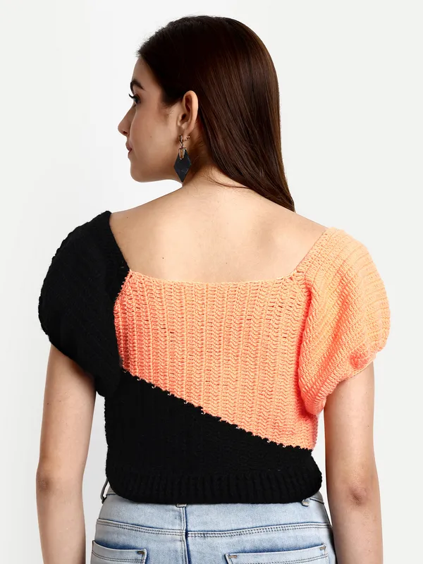 Peach_Pullover_Sweater_For_Women_|_Self_Design_L_Neck_Short_Sleeves_Ribbed_Hem