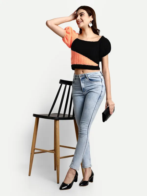Peach_Pullover_Sweater_For_Women_|_Self_Design_L_Neck_Short_Sleeves_Ribbed_Hem