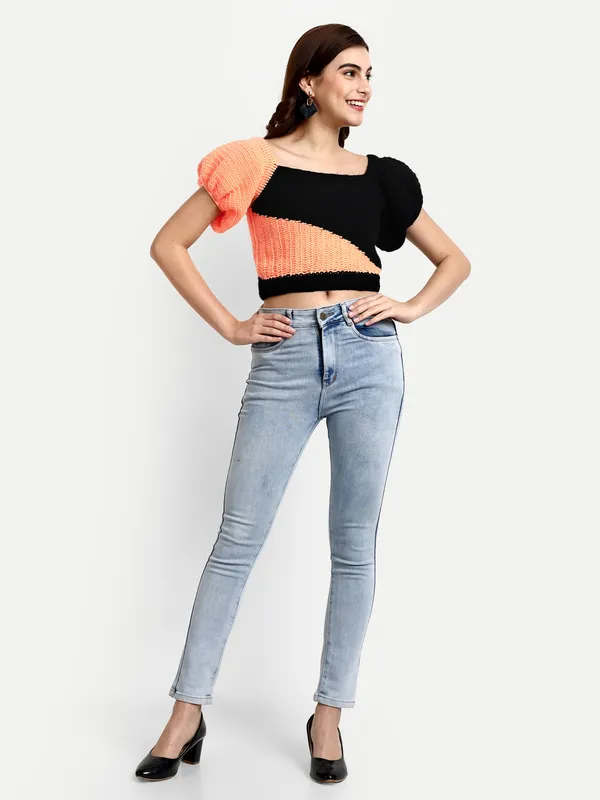 Peach_Pullover_Sweater_For_Women_|_Self_Design_L_Neck_Short_Sleeves_Ribbed_Hem