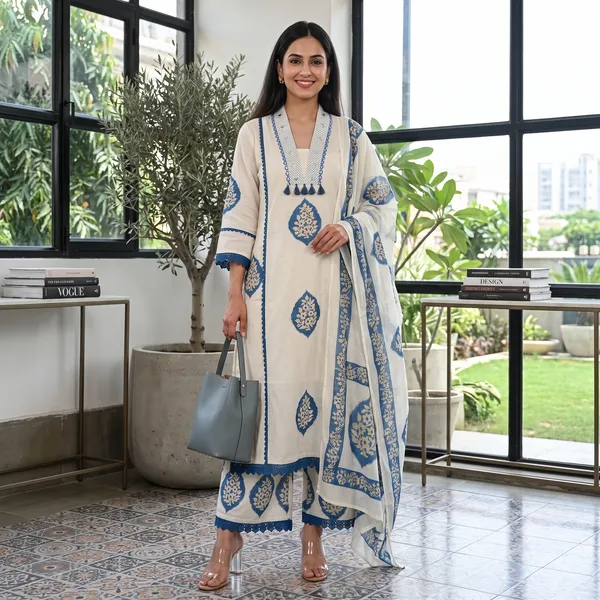 Elegant_Cotton_Printed_Embroidered_A-Line_Kurta_Pant_Dupatta_Set