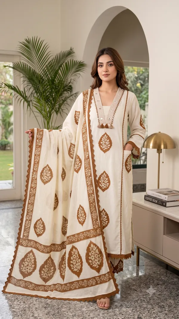 Elegant_Cotton_Printed_Embroidered_A-Line_Kurta_Pant_Dupatta_Set