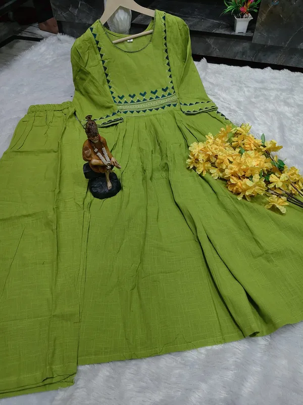 Premium_Women's_Cotton_Slub_Embroidered_A-Line_Kurta_Pant_Set
