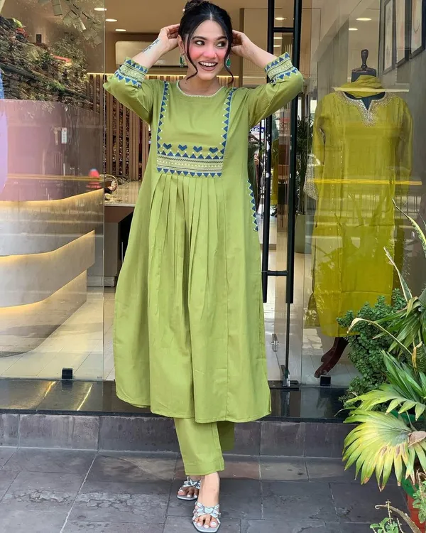 Premium_Women's_Cotton_Slub_Embroidered_A-Line_Kurta_Pant_Set