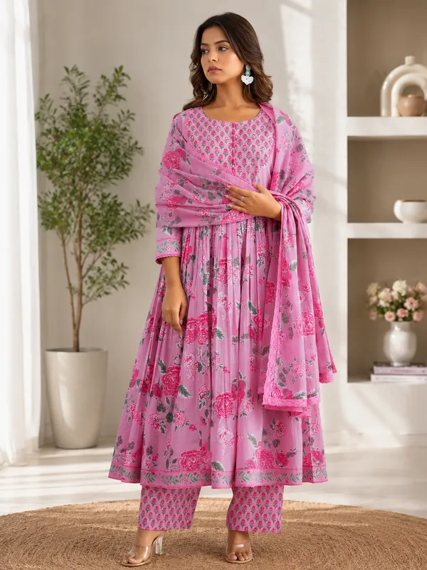 Stylish_Trending_Pure_Cotton_Hand_&_Adda_Work_Floral_Anarkali_Kurta_Pant_Dupatta_Set