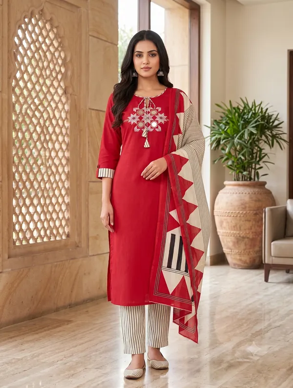 Elegant_Sanganeri_Print_Cotton_Kurta_Pant_Dupatta_Set_with_Embroidery_and_Mirror_Work