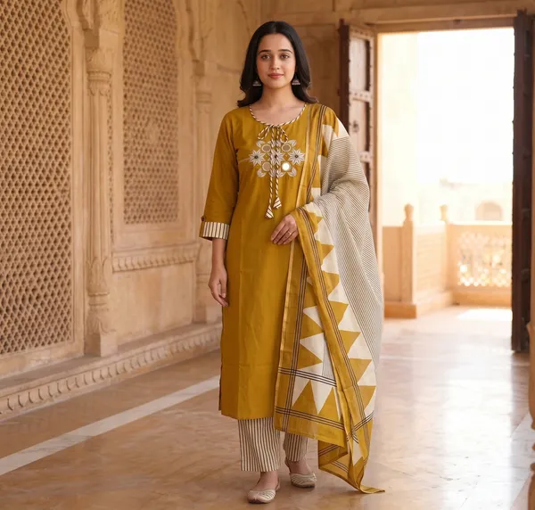 Elegant_Sanganeri_Print_Cotton_Kurta_Pant_Dupatta_Set_with_Embroidery_and_Mirror_Work