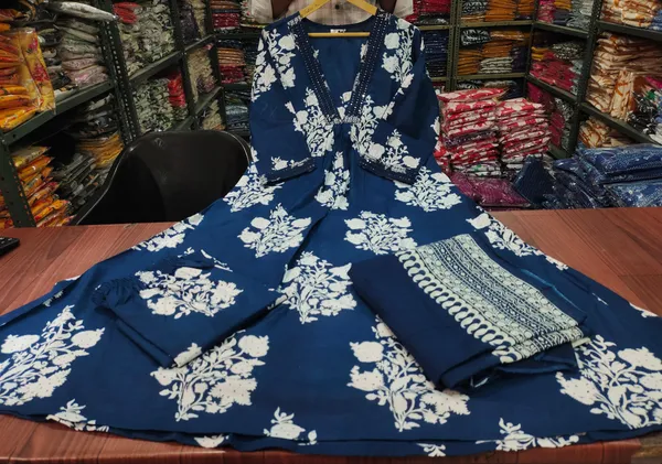 Blue_Printed_Cotton_Anarkali_Kurti_With_Palazzo_And_Dupatta_Set